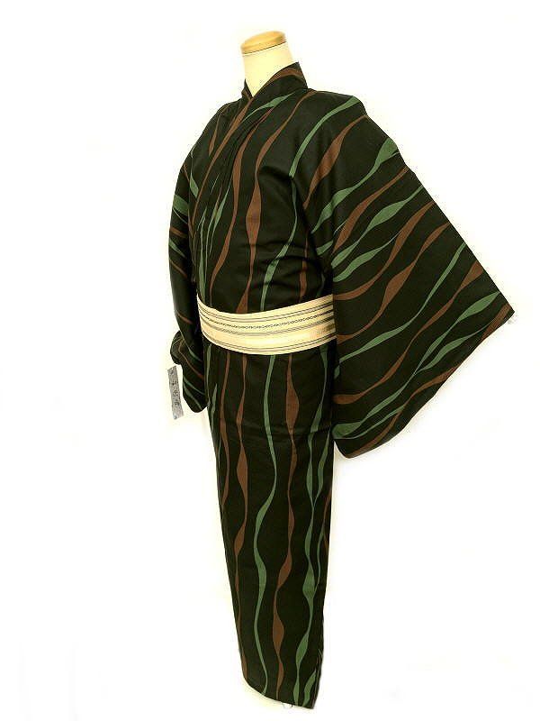 LLサイズ 男物 綿 浴衣 黒地によろけ縞模様