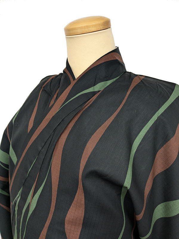 LLサイズ 男物 綿 浴衣 黒地によろけ縞模様