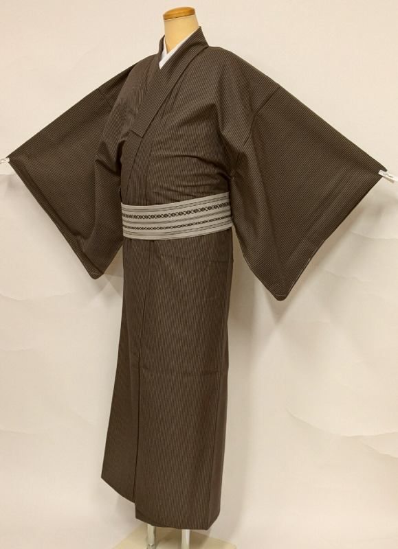 絹交織 男物 単衣着物 茶色とこげ茶のストライプ 身長166cm用 Mサイズ