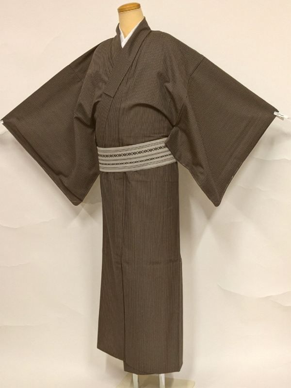 絹交織 男物 単衣着物 茶色とこげ茶のストライプ 身長166ｃｍ用 Mサイズ