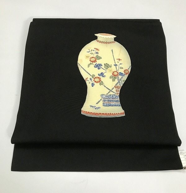 中古】 名古屋帯 正絹 塩瀬 黒地に壺模様 九寸 お太鼓柄 最強配送
