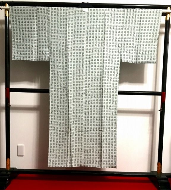 S〜Mサイズ 男物 正絹 長襦袢 白緑地に福寿文字模様