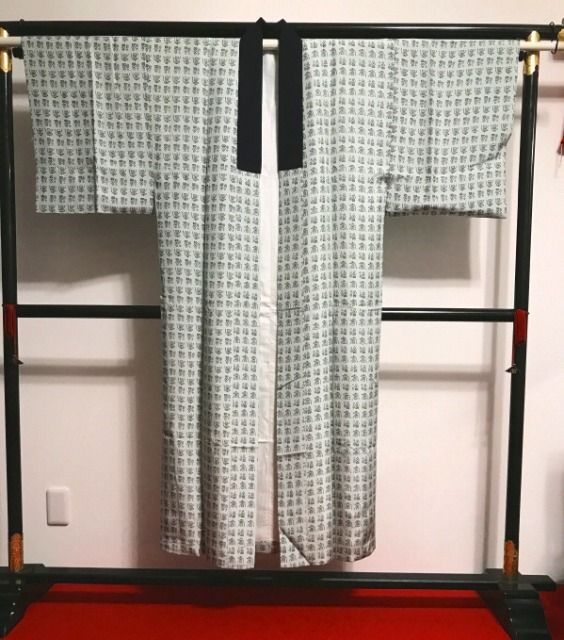 S〜Mサイズ 男物 正絹 長襦袢 白緑地に福寿文字模様