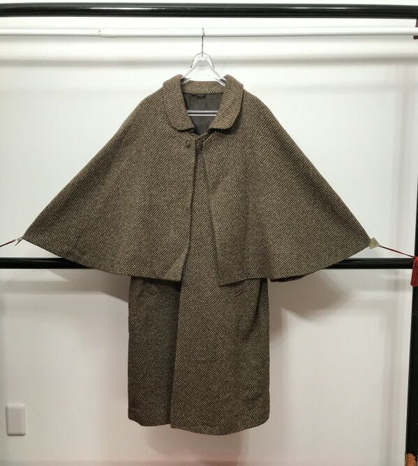 Lサイズ 男物 防寒コート 混紡 とんびコート ブラウン ツイード調 インバネスコート