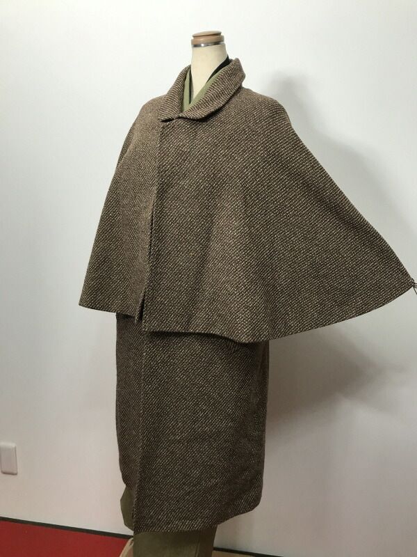 Lサイズ 男物 防寒コート 混紡 とんびコート ブラウン ツイード調 インバネスコート