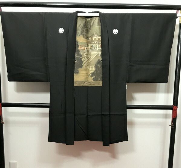 Sサイズ 男物 紋付羽織 正絹 黒の羽二重地 五つ紋付