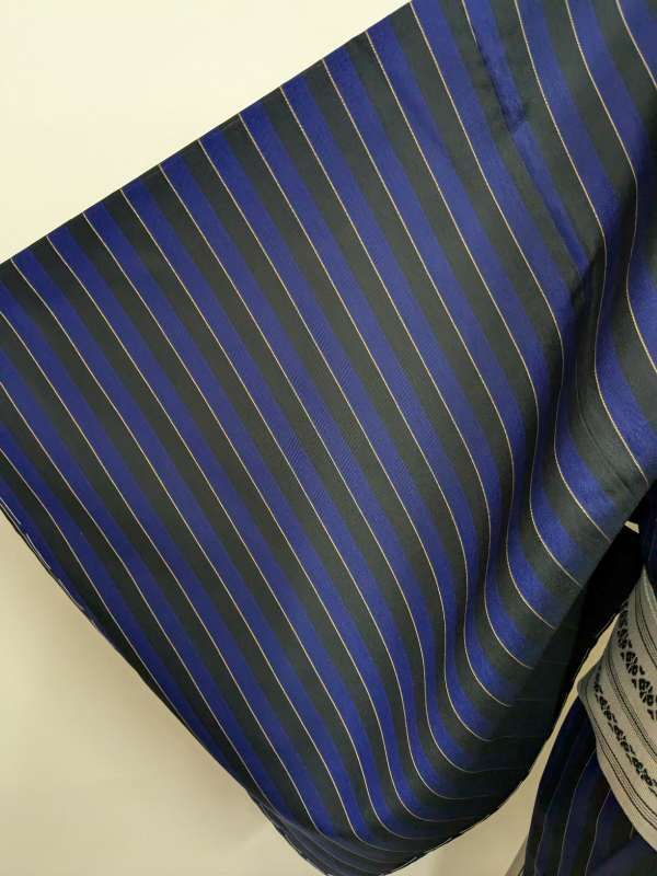 正絹 男物 袷着物 紬 紫かがった紺と黒のストライプ 縦縞柄 身長167cm用 Mサイズシーズン冬