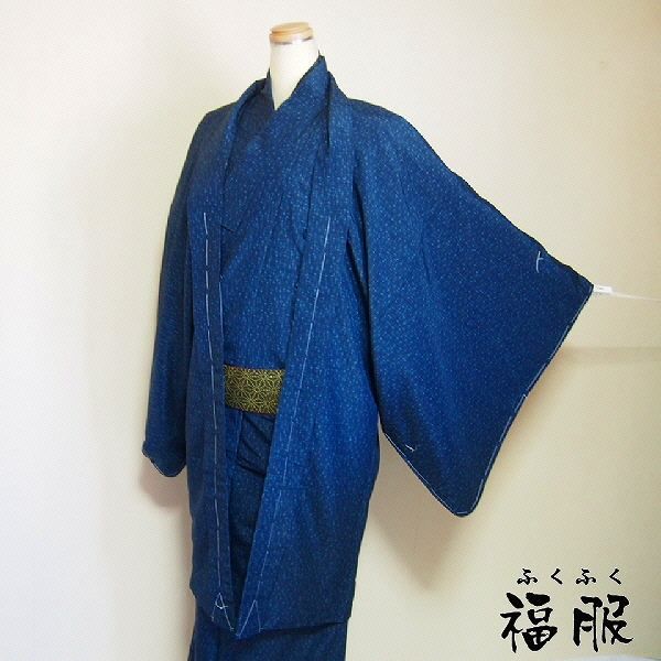 羽織 男物 化繊 濃紺地に絣模様の長羽織 Ｌサイズ 和装 メンズ 男性用 裄74.6 cm 洗える着物 裄長 メンズ羽織 メンズはおり 男物羽織 ハオリ 茶道 落語