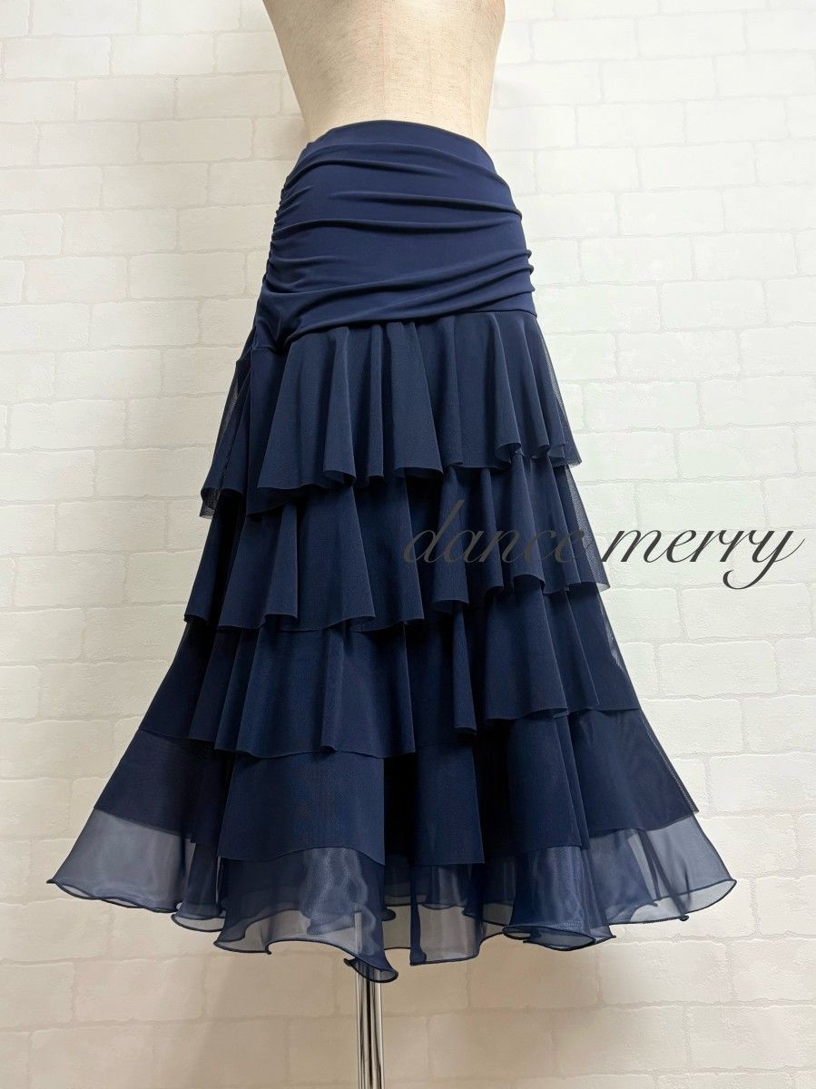 MERRY】新品 社交ダンス 豪華 スカート 紺 ネイビー ティアード