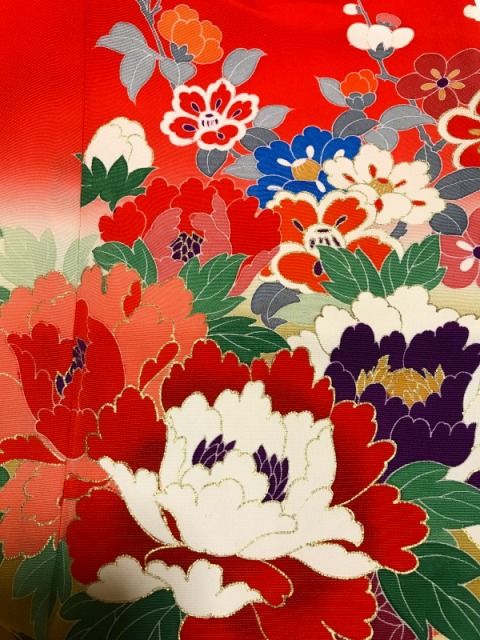 七五三 正絹 7歳女児用 祝い着 着物 橙色地に花車模様