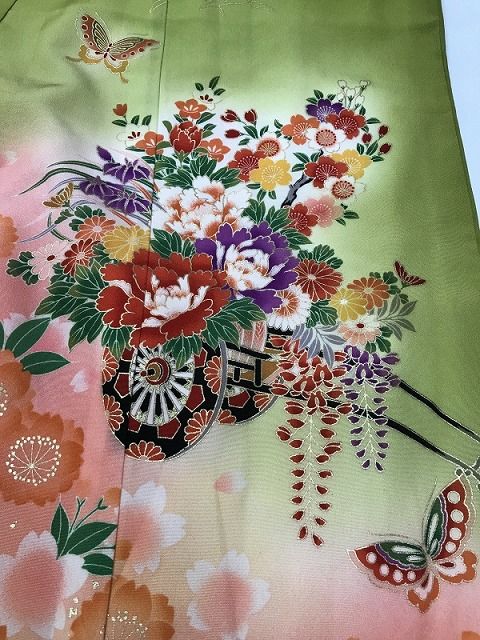 七五三 正絹 7歳女児用 祝い着 着物 長襦袢 セット 抹茶色地に花車模様 伊達衿付き