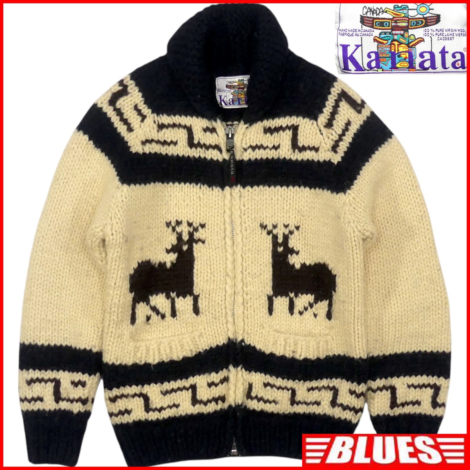 カウチンセーター kanata ニット S カナダ製 カナタ 紺 ネイビー 鹿