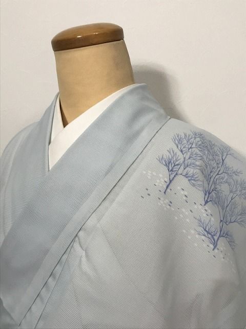 Sサイズ 化繊 夏着物 付け下げ 付下げ訪問着 水色地に木立模様 洗える着物