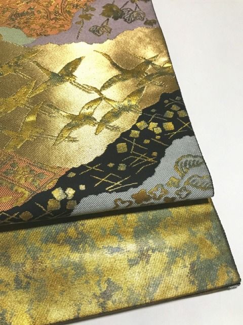 袋帯 正絹 黒地に寄せ柄文様 六通柄