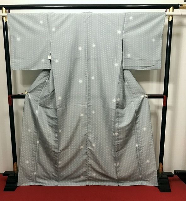 Lサイズ 夏着物 化繊 小紋 紗 白地に小紋縞模様 洗える着物