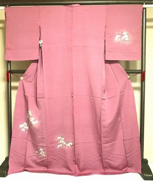 付け下げ 正絹 薄臙脂地に木立模様 単衣着物 付下げ訪問着 裄65 Mサイズ