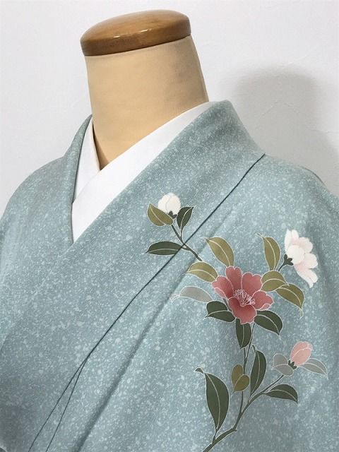 Mサイズ 正絹 訪問着 白緑地に鴛鴦模様 袷着物 身丈長め 着物 レディース シルク レディース着物 リサイクル着物 和服 和装 結婚式 結婚式服装 リサイクル着物訪問着シーズン冬