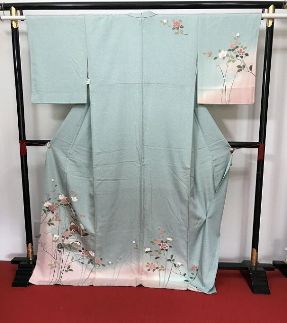 Mサイズ 正絹 訪問着 白緑地に鴛鴦模様 袷着物 身丈長め 着物 レディース シルク レディース着物 リサイクル着物 和服 和装 結婚式 結婚式服装 リサイクル着物訪問着シーズン冬