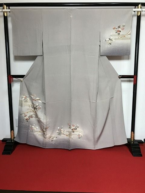 Mサイズ 正絹 訪問着 単衣着物 薄グレー地に束ね熨斗模様