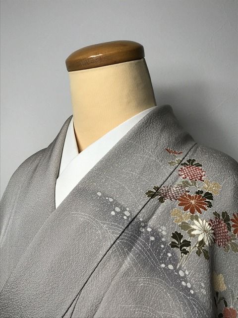 Mサイズ 正絹 訪問着 単衣着物 薄グレー地に束ね熨斗模様