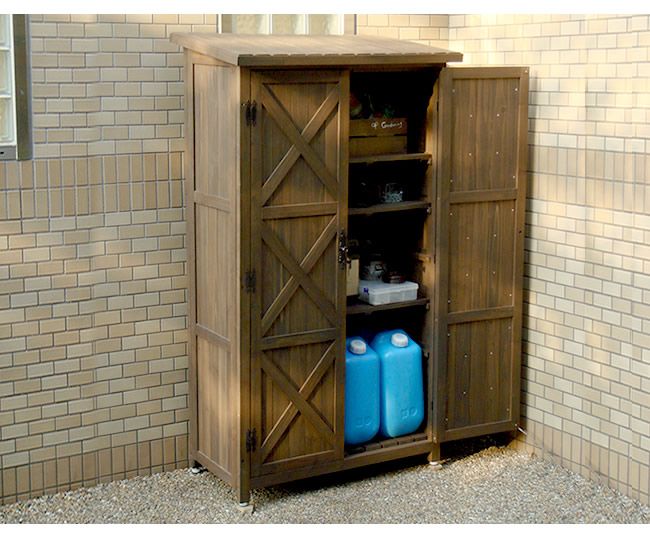  住まいスタイル カントリー調ストッカー1600 ダークブラウン 天然木 木製 収納 物置 倉庫 物入れ ウッドラック ランドリーラック ガーデニング雑貨 ポリタンク 扉付 おしゃれ 北欧 ナチュラル 掃除道具 庭 ベランダ 屋外 木製物置 物置 車庫