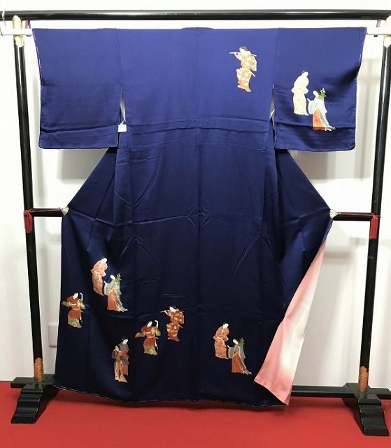 Sサイズ 付け下げ 正絹 付下げ訪問着 濃紺地に舞姿模様 袷着物