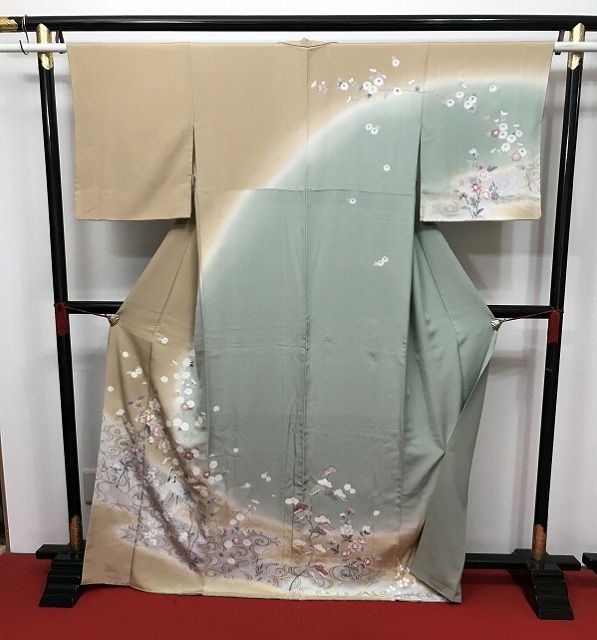 Lサイズ 正絹 訪問着 薄茶地に花鳥模様