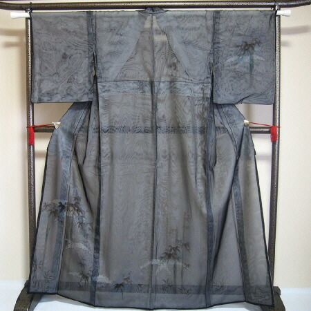 特選 訪問着 正絹 黒地に笹竹模様 紗合わせ 紗袷 夏着物 裄64 S〜Mサイズ