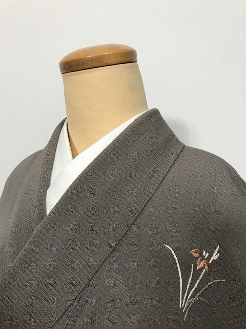 Mサイズ 付け下げ 正絹 グレー地に草花模様 夏着物 裄長め