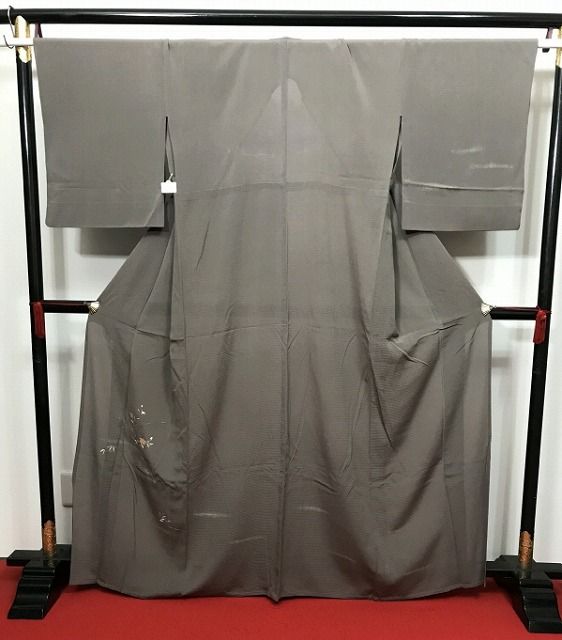 Mサイズ 付け下げ 正絹 グレー地に草花模様 夏着物 裄長め