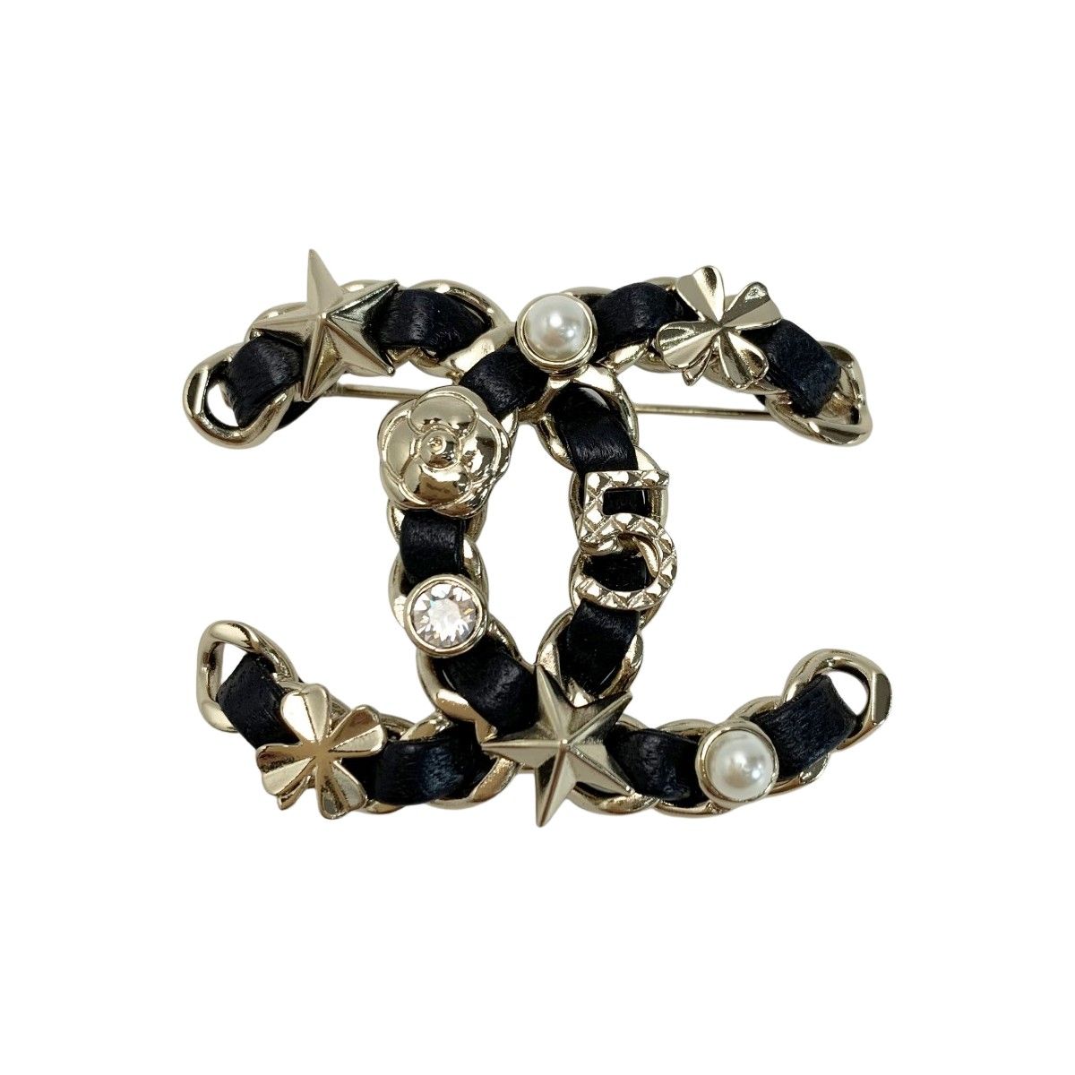 CHANEL シャネル ココマーク ラインストーン フェイクパール ブローチ B 22 V ブラック ゴールド レザー メタル