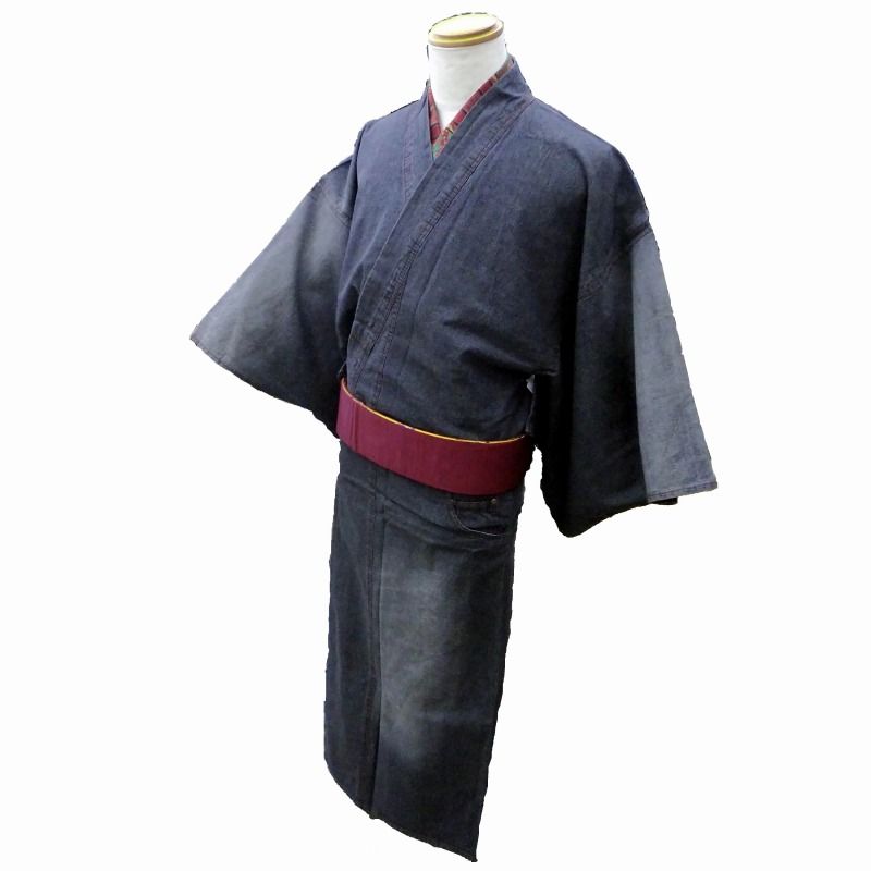 男物 デニム着物 M L LL 3 ブラックデニムのウォッシュダメージ 腰ポケット付き 和洋ミックス tb