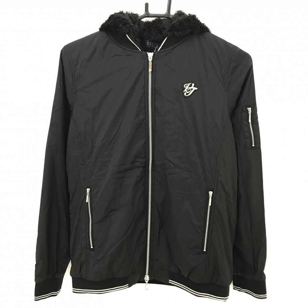 美品】23区ゴルフ 2WAY中綿ブルゾン 黒×シルバー 胸元ワッペン フード