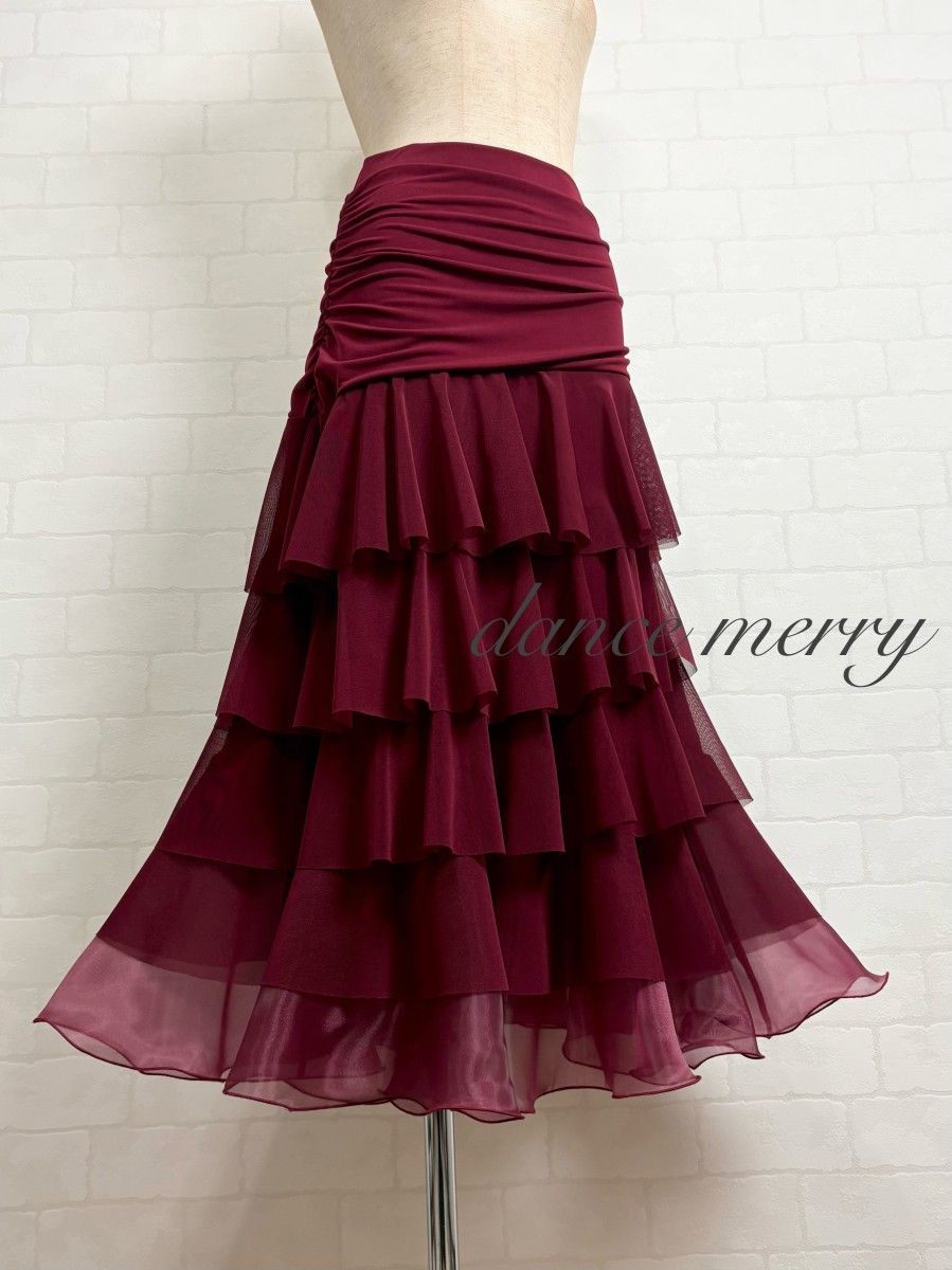 MERRY】新品 社交ダンス 豪華 スカート ワイン 赤 ティアード パーティ