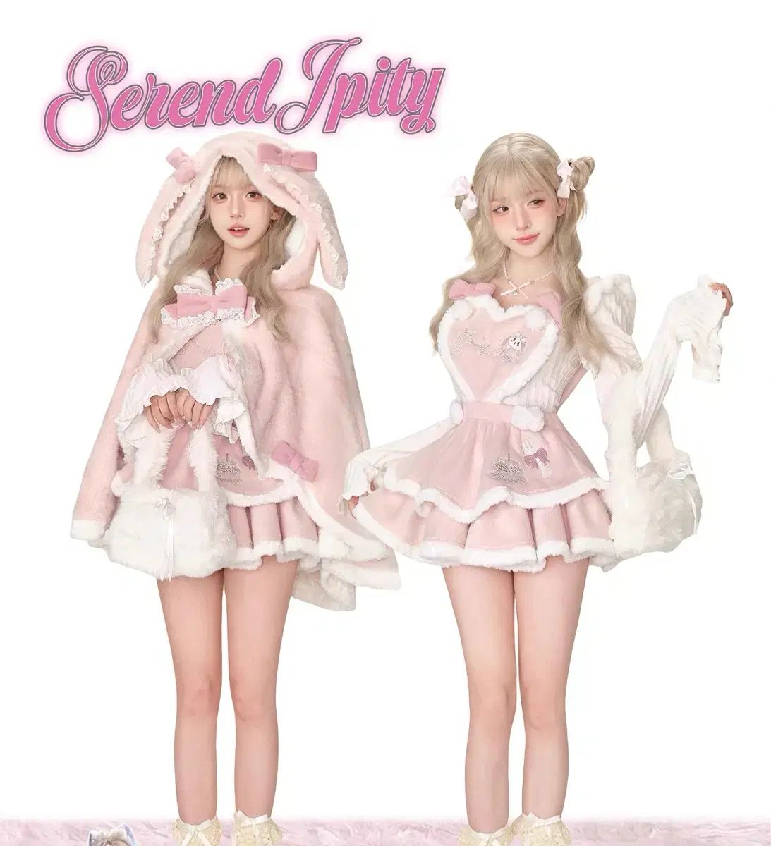 少女ココナッツ サロペットスカート ニット ファーうさぎ耳ケープ