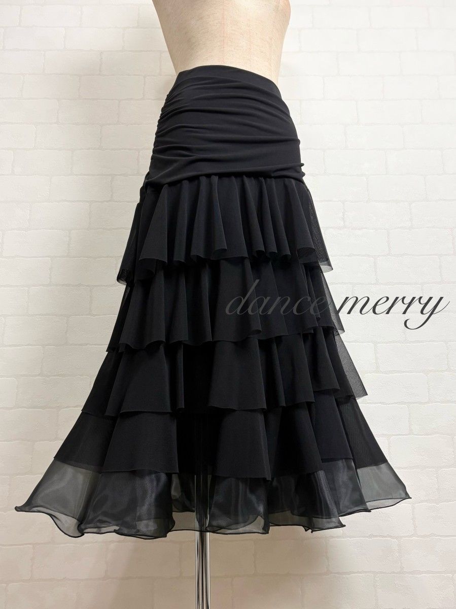 MERRY】新品 社交ダンス 豪華 スカート 黒 ティアード パーティ 1269