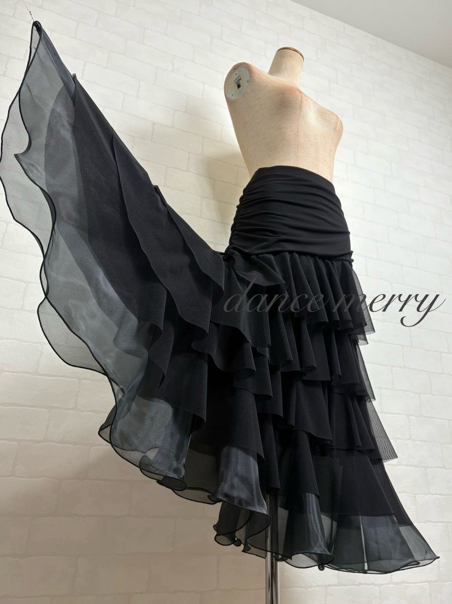 MERRY】新品 社交ダンス 豪華 スカート 黒 ティアード パーティ 1269
