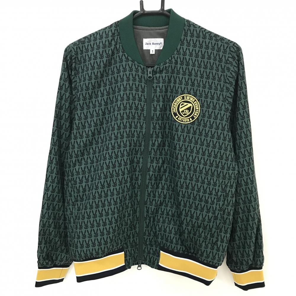 超 ジャックバニー ジャケット グリーン 黒 ロゴ総柄 胸元ワッペン 裏起毛 レディース 1 M ゴルフウェア Jack Bunny