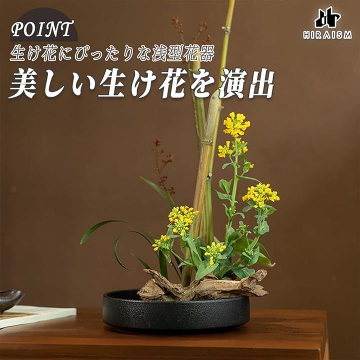 HIRAISM 生け花 花器 水盤 陶器 楕円形 浅型 華道用 (白, 剣山なし