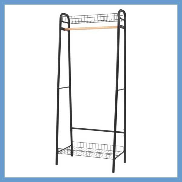 スチール製ハンガーラック 天然木バー W 70 D 44 H 170 cm 上棚 下棚付き No 882 ブラック