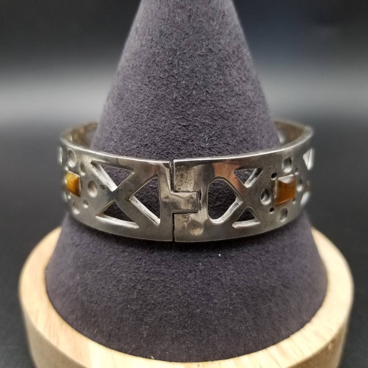 1960～70年代 メキシコ 925 シルバー タイガーアイ ヴィンテージ ブレスレット オープンワーク 幾何学模様カット 銀細工 MEXICO 50 g Y 8-B