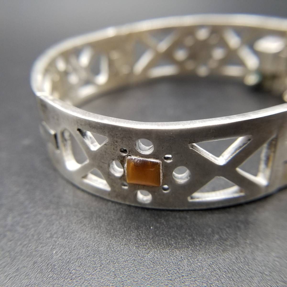 1960～70年代 メキシコ 925 シルバー タイガーアイ ヴィンテージ ブレスレット オープンワーク 幾何学模様カット 銀細工 MEXICO 50 g Y 8-B