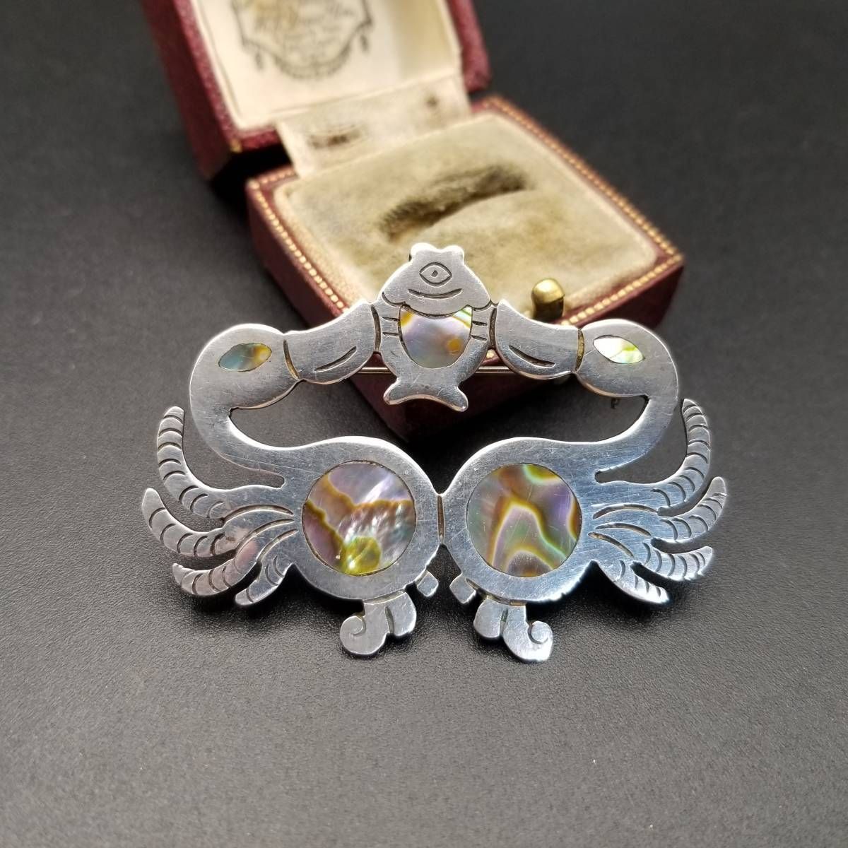 メキシコ 925 シルバー アワビ貝 インレイ アヒルが魚を捉えている