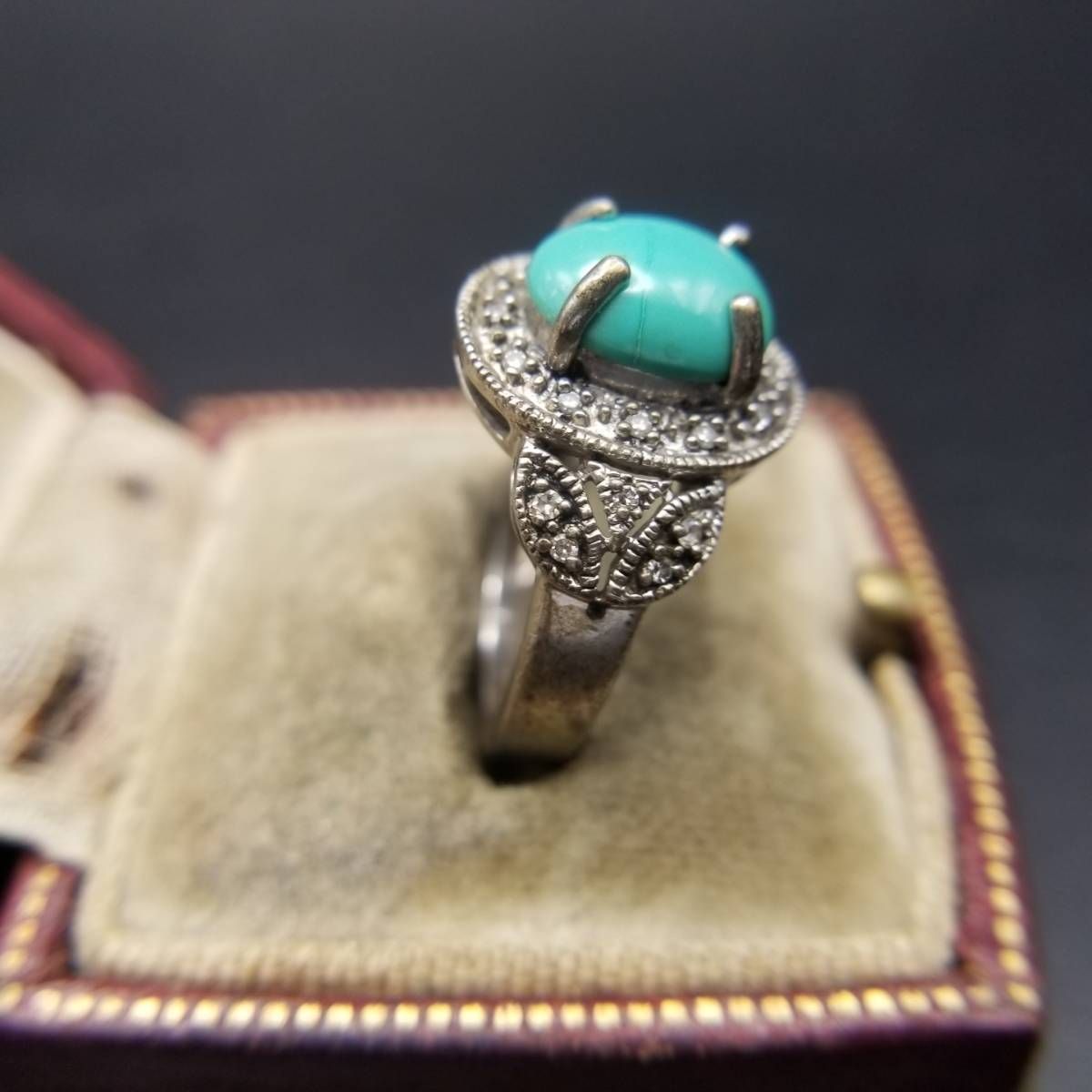 ターコイズ カボション CZ 925 シルバー ヴィンテージ リング 3g 銀