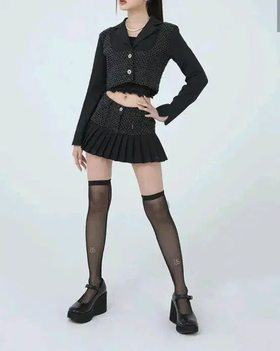 アグリーシャドウ ツイード クロップド ジャケット プリーツスカート セットアップ セット s