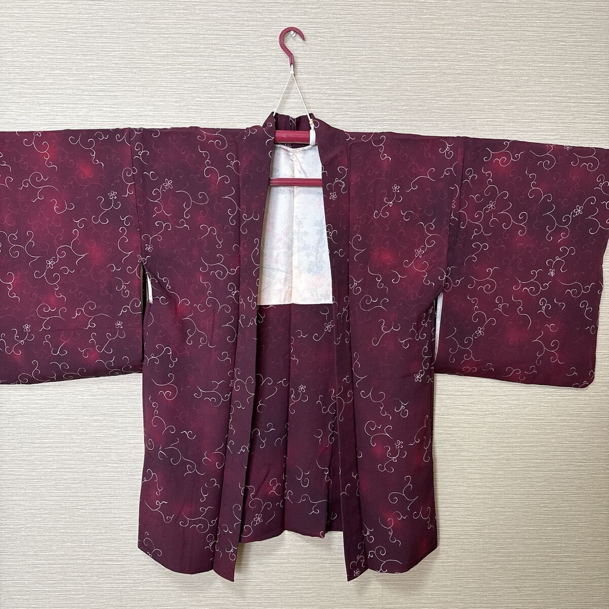 き754】深紅ぼかし×小花唐草＊女性用 道行コート レトロエレガント／袷 