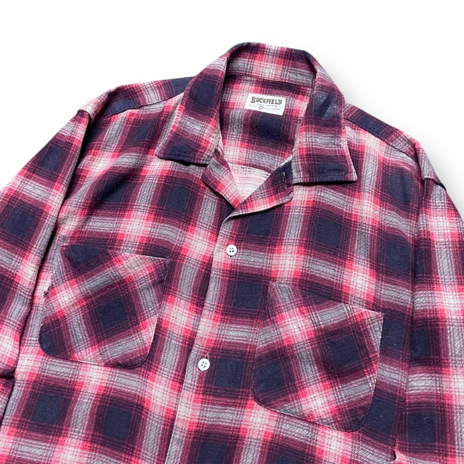 1960 s BUCKFIELD Ombre Plaid L Printe-Flannel Open-Collar Shirt オンブレチェック プリネル オープン シャツ