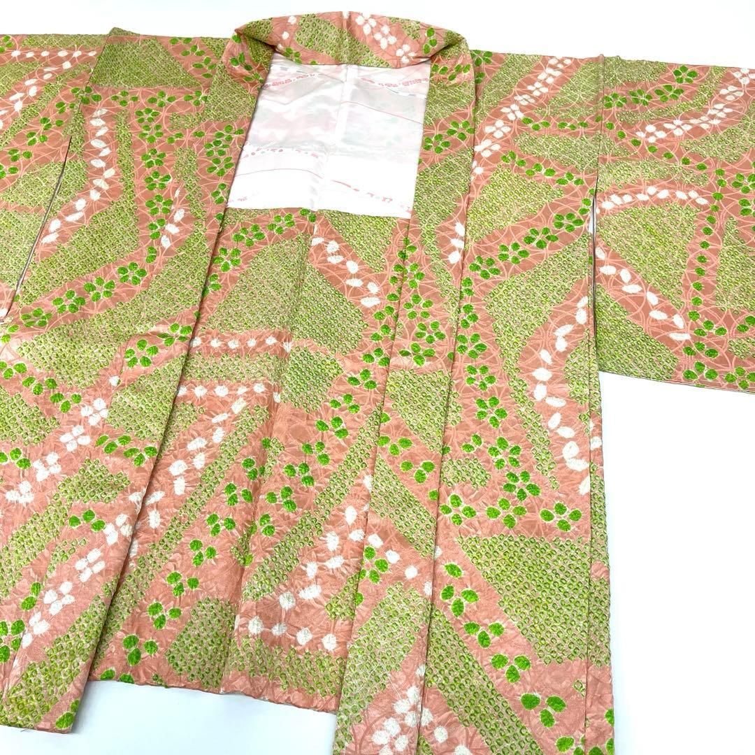 着物と帯 時流 ハ25957 t 正絹 総絞り羽織 緑 ピンク
