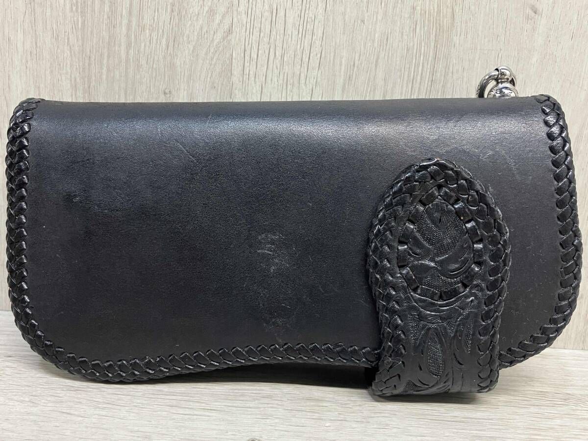 SAAD 本革 レザー ロング ウォレット 型押し 装飾 コンチョボタン 長財布 サード コインケース カードケース 付き ブラック メンズ