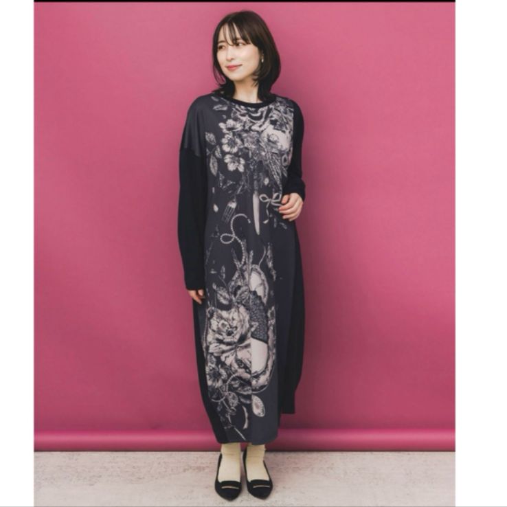 iS ScoLar 花柄×無地バイカラー裏毛ワンピース